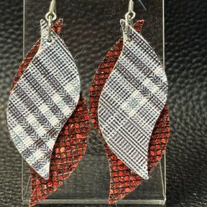 Black Plaid and Red Glittery Faux Leather Earrings